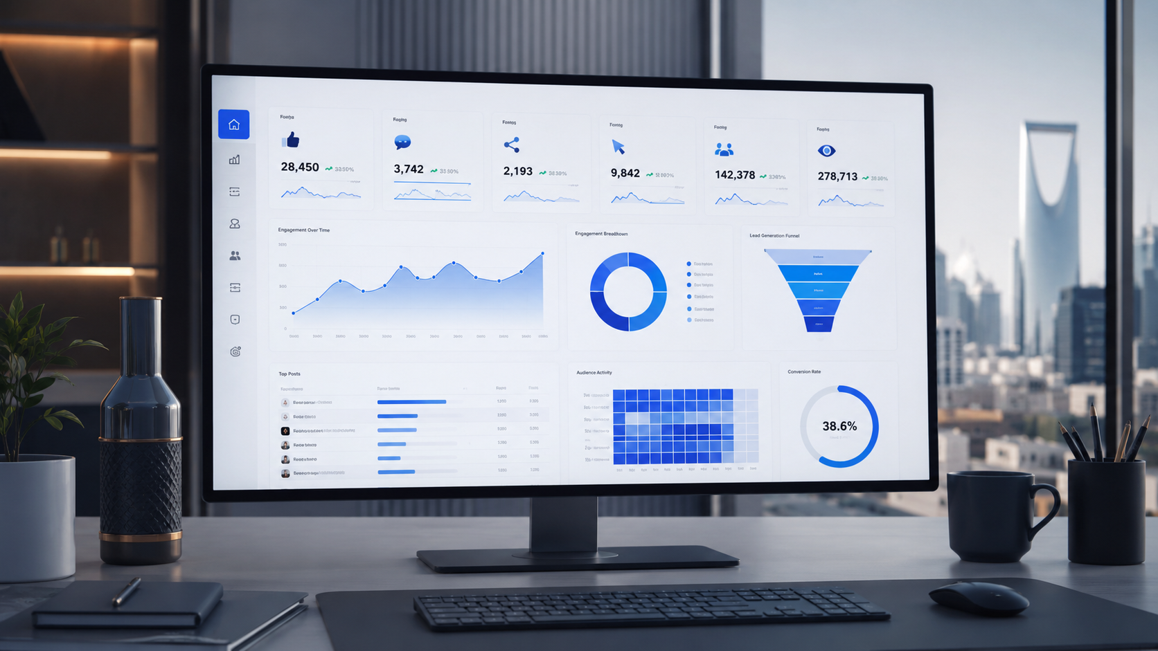 Digital marketing engagement analysis dashboard showing social media metrics and lead generation funnel