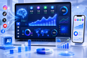 AI powered social media engagement analytics dashboard with user behavior and conversion tracking
