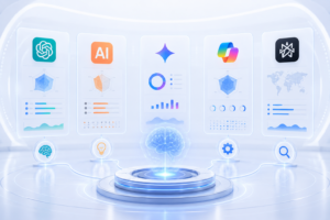 Comparison of AI marketing tools including ChatGPT Claude Gemini Copilot and Perplexity AI