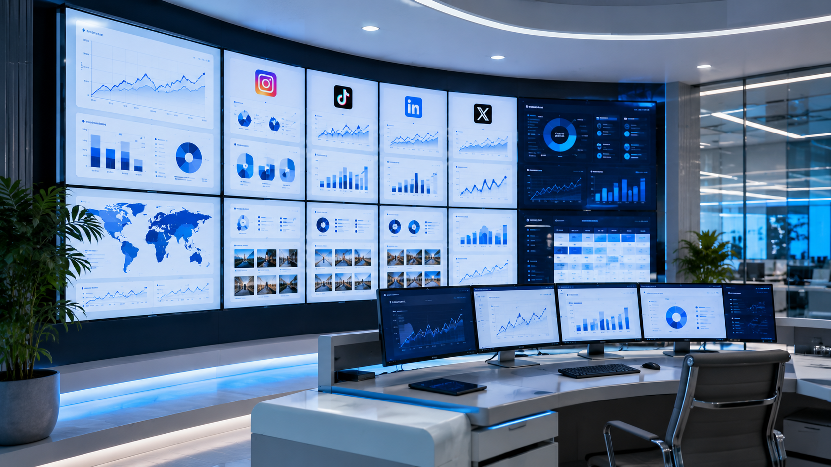 Digital dashboards displaying social media performance metrics, audience growth, and engagement analytics.