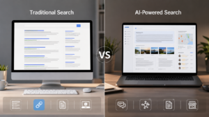 Comparison between traditional search results and Google AI Mode for business discovery