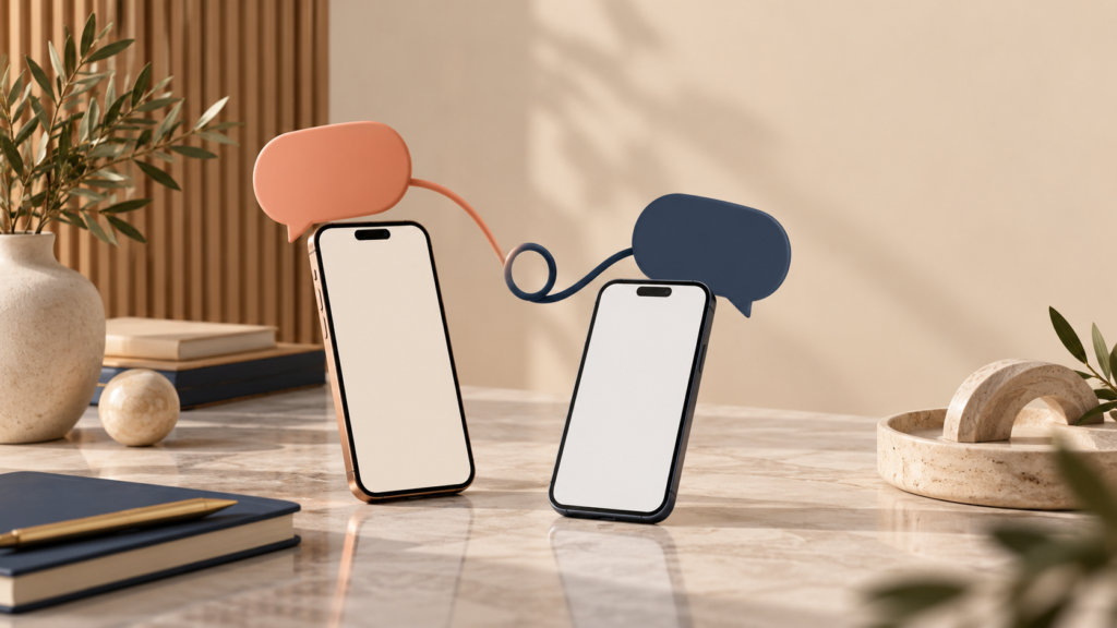 Two phones connected by two speech bubbles in different colors.