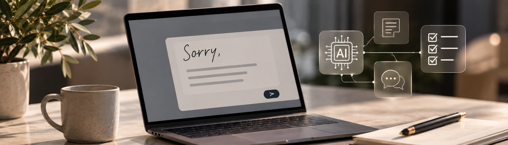 Laptop displaying an apology message with AI, review, and communication icons